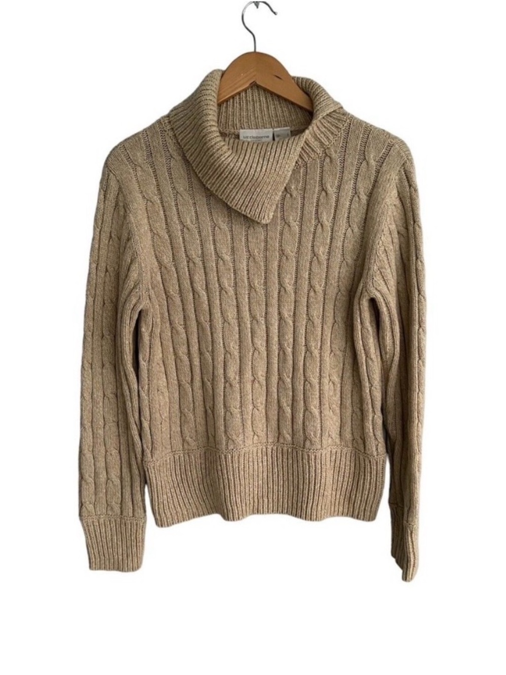 Liz Claiborne Liz Sport Large Knit Sweater Khaki Beige Long Sleeve Cowl Neck